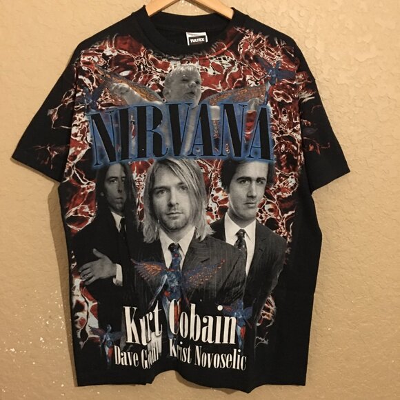 Nirvana Kurt Cobain Flame All Over Print AOP Black T-Shirt XL Tultex - Picture 1 of 6